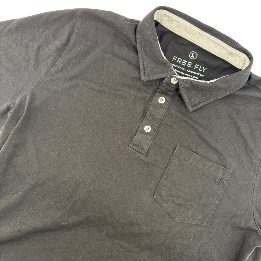 Free Fly Mens Black Short Sleeve Polo Shirt Size L Comfort Bamboo Outdoor Casual